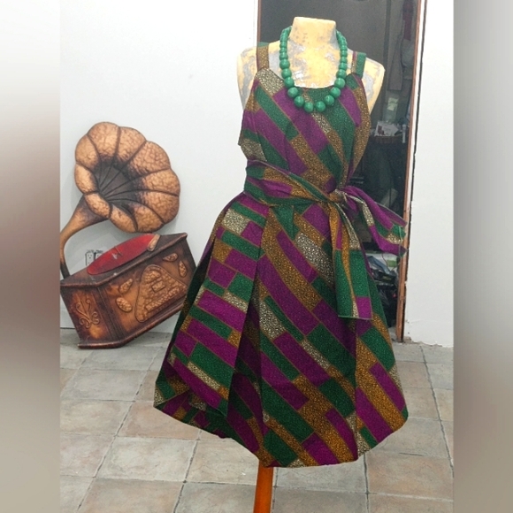 Dress African Print Wide w/Head Tie Either worn as a Belt💚💜💛 - Picture 1 of 3